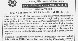 Central Salt & Marine Chemicals Research Institute (CSIR) JRF & PA Recruitment, 2014