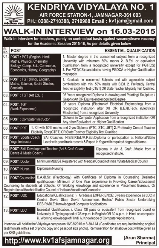 Kendriya Vidyalaya No. 1 Jamnagar Walk in Interview for Various Vacancies Kendriya Vidyalaya No. 1 Jamnagar Walk in Interview