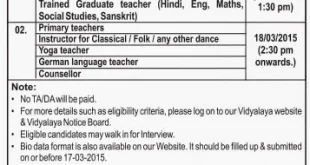 Kendriya Vidhyalay (ONGC) Vadodara Recruitment, 2015