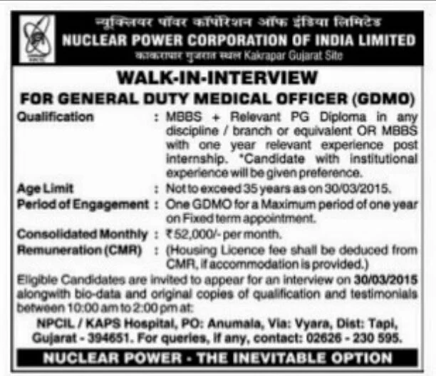 NPCIL Walk-in-Interview for General Duty Medical Officer (GDMO)