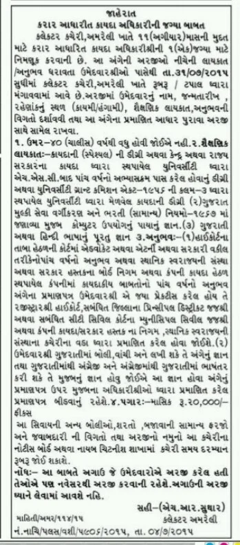 Collector Office Amreli Law Officer Recruitment, 2015 Collector office jobs