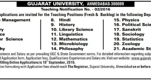 Gujarat University Recruitment 2016 for Professors, Assistant Professors & Associate Professors